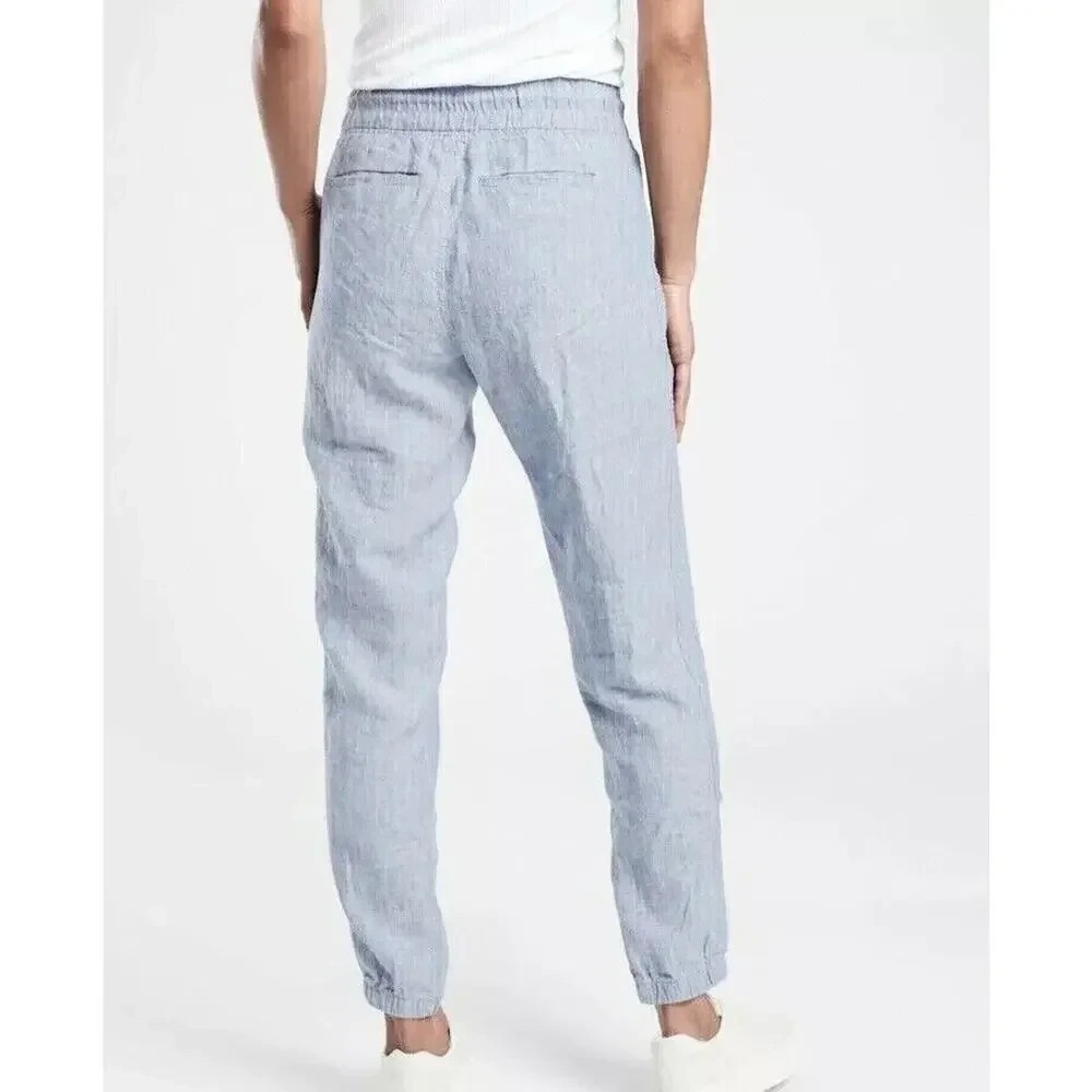 Athleta CABO Linen Jogger Pants Chambray Blue Resort Beach Zip Pockets Size 0 - Picture 11 of 14